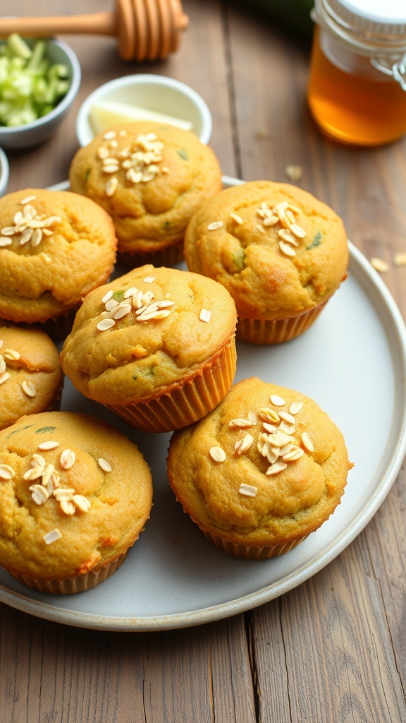 A plate of healthy zucchini muffins with oats, showcasing their moist texture, on a rustic wooden table.